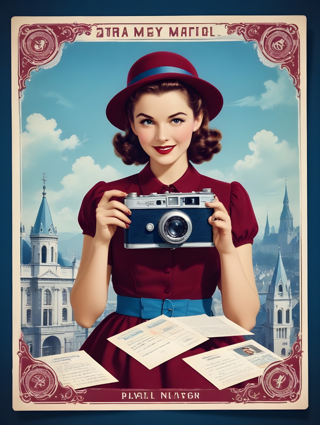 Retro Travel Postcard Women: Wall Frames & Photographs-Theme:3