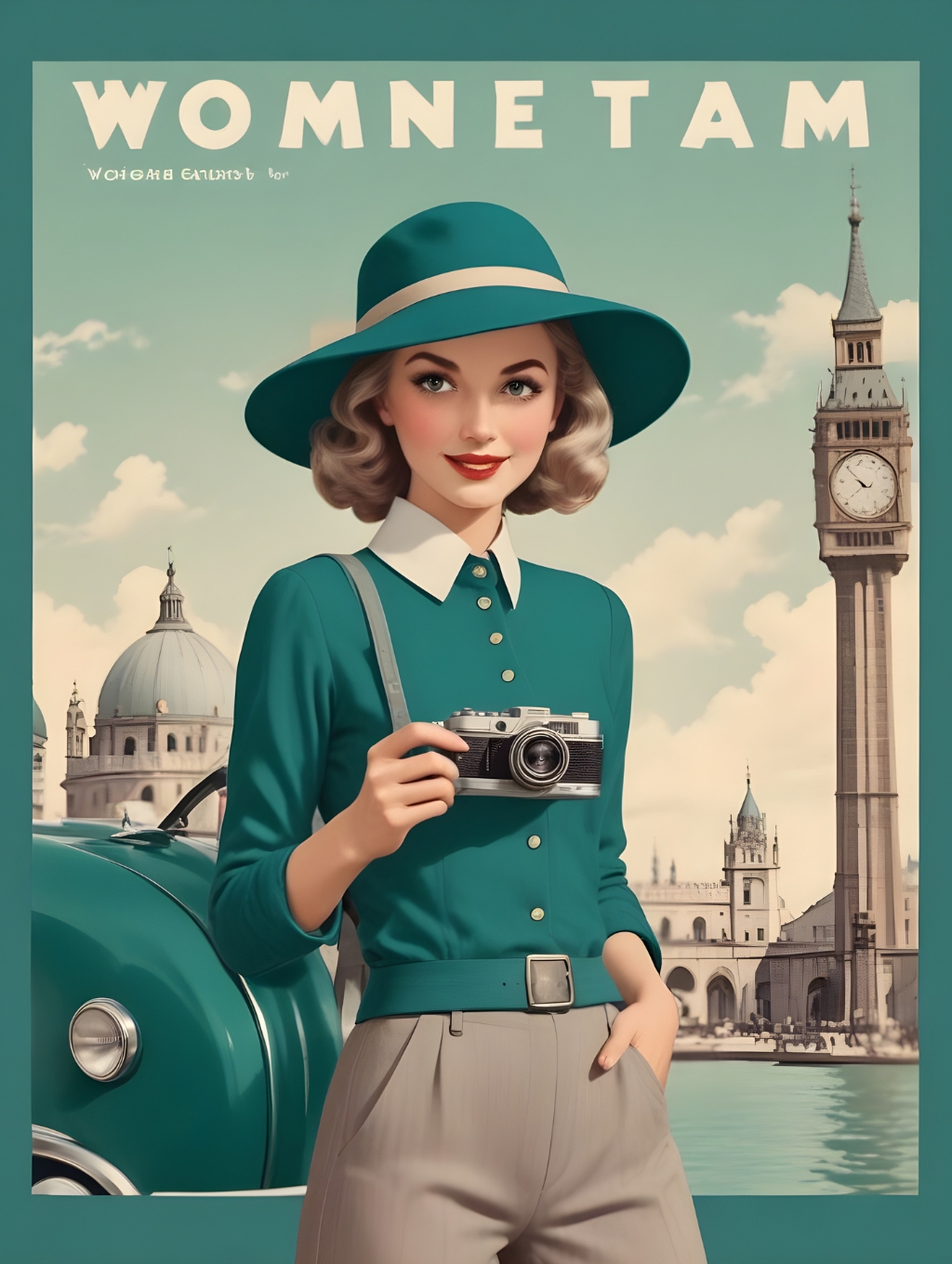Retro Travel Postcard Women: Wall Frames & Photographs-Theme:6